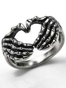 1 pieza Anillo de mano con gesto de corazón vintage, anillo sello unisex con combinación de mano de calavera, anillo personalizado único de alta gama