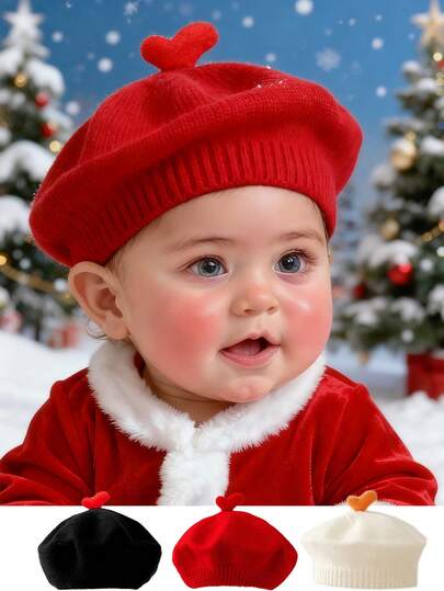 1pc Solid Color Knit Beret Hat For Baby Girls, Korean Style Infant Princess Artist Painter Cap
