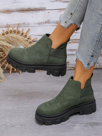 Damstövlar med klack och tjock sula, nya moderiktiga slip-on-stövlar med kilklack, leopardmönster, bekväma och mångsidiga Chelsea-stövlar med rund tå