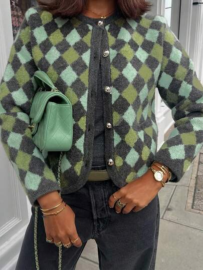 Cárdigan de cuello redondo de manga larga con diseño de botones y patrón a cuadros, de estilo casual y urbano moderno, listo para el transporte, para mujeres en otoño e invierno