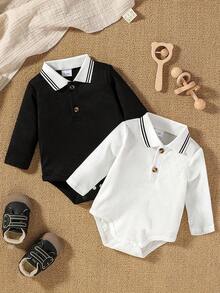 Infant Boys' Two-Tone Bodysuit, Handsome Long Sleeve Snap Crotch Bodysuit For Baby Boys, Spring/Autumn - Black - View 1