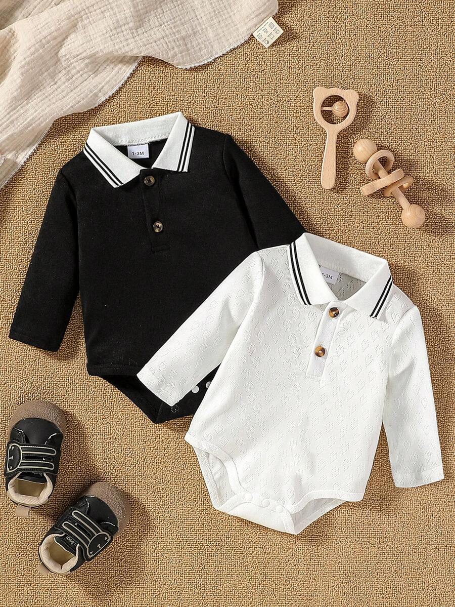 Infant Boys' Two-Tone Bodysuit, Handsome Long Sleeve Snap Crotch Bodysuit For Baby Boys, Spring/Autumn - Black - View 1