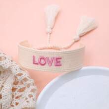 1pc Handmade Embroidered Love Letter Boho Tassel Braided Bracelet - Beige - View 4