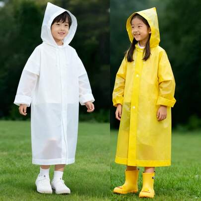 1件/2件装一次性透明儿童雨衣，适合7-11岁儿童户外徒步，宽松版型，可重复使用，白色/黄色可选，易于收纳携带，适合户外活动、旅行、徒步、音乐节、水上活动，带帽带袖。