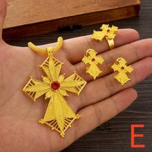 African Classic Cross Jewelry Set, Golden Color Pendant Necklace Earrings Ring, Middle East Eritrea Bridal Wedding Jewelry Gift
