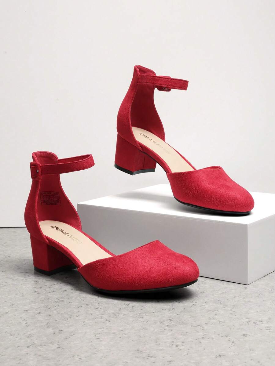 Women's Ankle Strap Chunky Heel Pumps Closed Round Toe Low Block Heels Elegant Simple Wedding Office Party  Dress Shoes - 紅色 - 查看 1