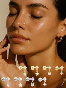 1 Piece S925 Sterling Silver Star & Water Drop Shaped Zirconia-Inlaid Flat-Head Threaded Nostril Piercing Stud, Suitable For Girls' Daily Wear And Party Occasions, And Also An Excellent Gift For Girlfriends, Mothers, And Sisters.