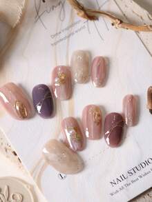 10片装按压式短指甲，紫棕色金色亮片贴片，亚克力材质，假指甲，人造指甲套装，包含1张粘合贴片和1个迷你指甲锉，手工制作按压式指甲 - 彩色 - 查看 2