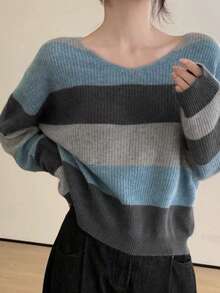 Autumn/Winter New Loose V-Neck Colorblock Striped Long Sleeve Top For Women, Random Panels - Blue - View 1