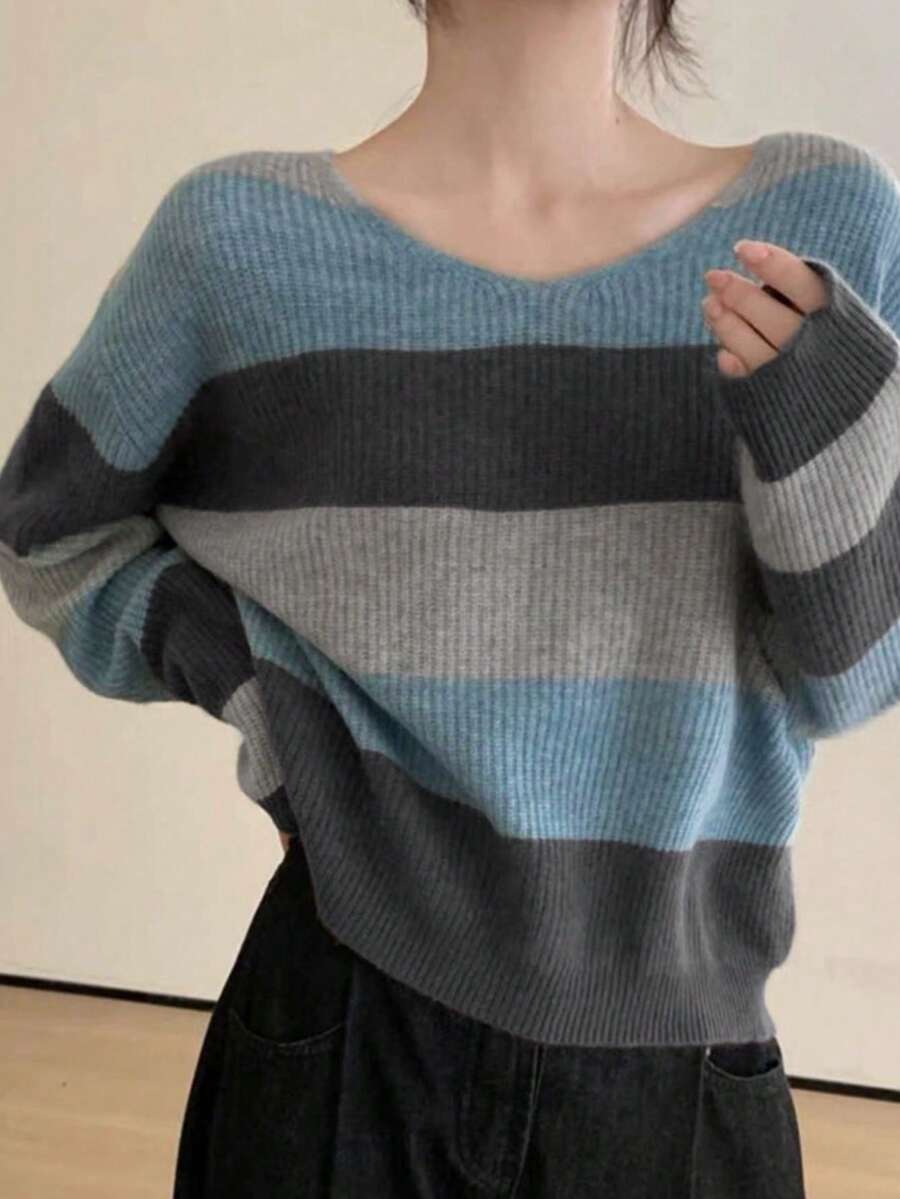Autumn/Winter New Loose V-Neck Colorblock Striped Long Sleeve Top For Women, Random Panels - Blue - View 1