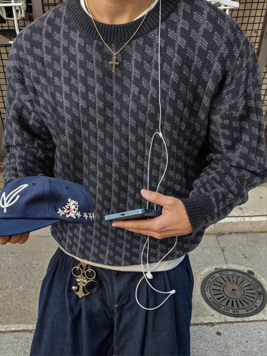 Men's Casual Retro Style Jacquard Knit Pullover Sweater, Lightweight, Crew Neck, Long Sleeve, Suitable For Autumn And Winter - Dark Grey - View 1