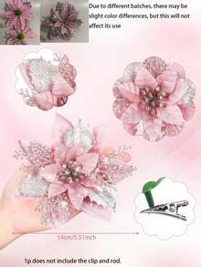 24/12pcs (12 Poinsettias + 12p Clips)-Glitter Pink Christmas Flowers, Poinsettia Christmas Flowers Decoration-Artificial Poinsettias Christmas Glitter Flowers With Clips,Artificial Pink Silver Poinsettia Christmas Tree Ornaments Glittery For Xmas New Year Wedding Party Wreath DIY Garland Decor (Pink)