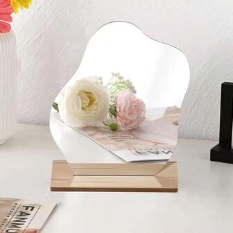 1 pieza Espejo de maquillaje asimétrico con lente de acrílico y base de madera, espejo de tocador de escritorio para fotografía y belleza