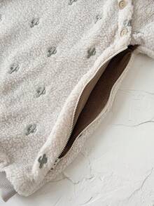 Newborn Baby Boy Thick Jumpsuit With Embroidered Cactus Design, Zipper Closure, Warm For Winter - Beige - View 11