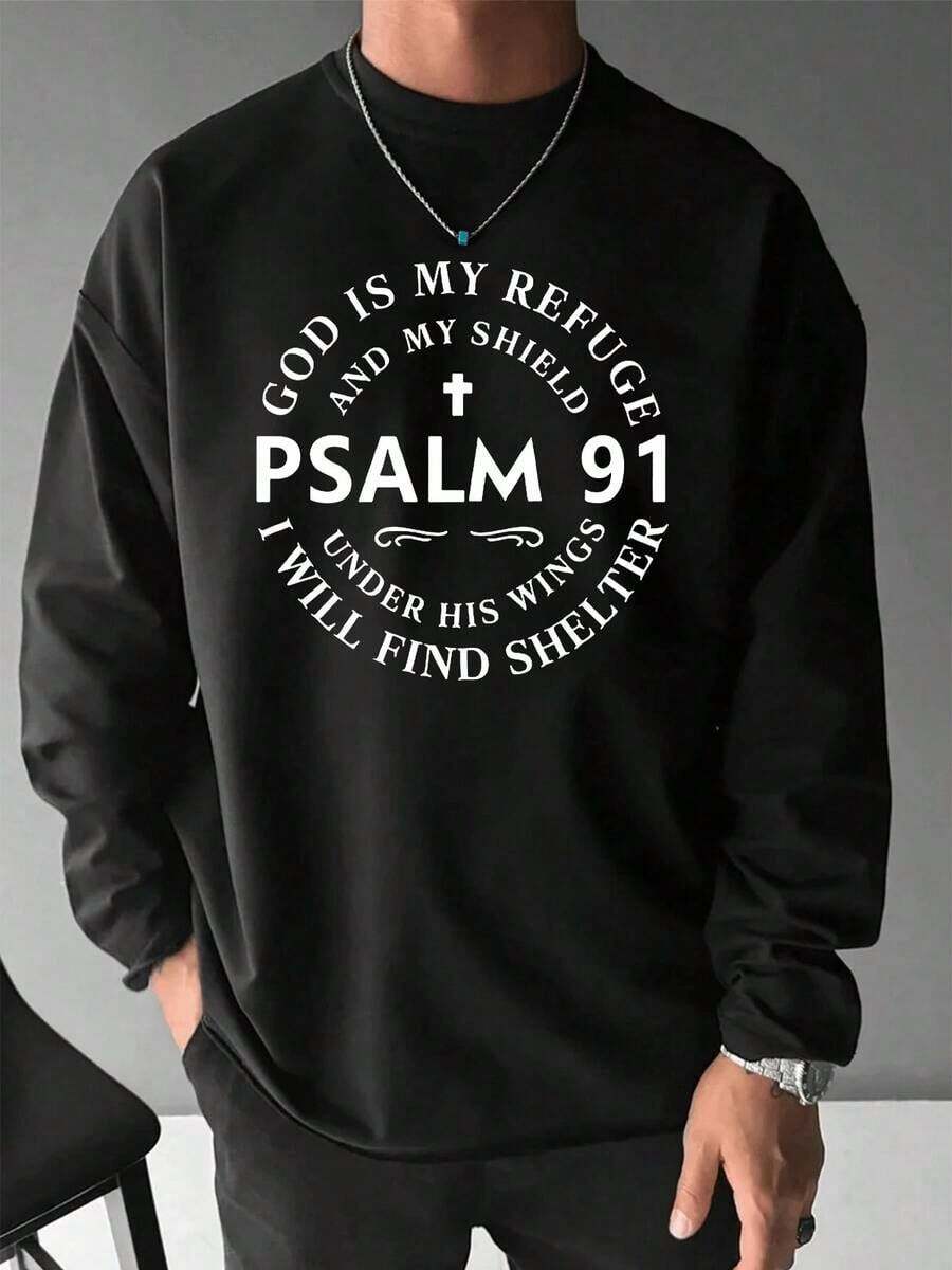 Men'S Round Neck Printed Long-Sleeved T-Shirt, Men's Psalm 91 Graphic Print Long Sleeve T-Shirt - Cotton Crewneck Religious Bible Verse Apparel With "God Is My Refuge And Shield" Inspirational Design, Comfortable Casual Christian Faith-Based Tee For Daily Wear(280 Gsm) - 黑色 - 查看 1