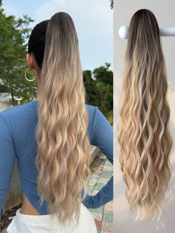 Acessório de Cabelo Extensão de Rabo de Cavalo em Formato de Garra Degradê Marrom Peruca 26 Polegadas Fibra Sintética Resistente ao Calor Ondas de Água, Adequado para Festas e Uso Diário de Mulheres