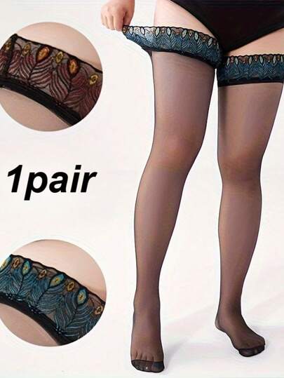 زوج من جوارب الفخذ الجذابة للمقاسات الكبيرة، جوارب طويلة فوق الركبة مزينة بدانتيل الطاووس للنساء، مانعة للانزلاق