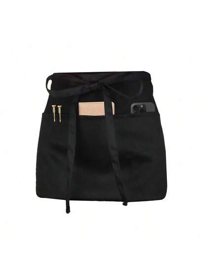 1pc Black Waist Apron For Waiters/Waitresses, With 3 Pockets, Waiter/Waitress Apron For Home, Life, Household Cleaning, Protective Clothing