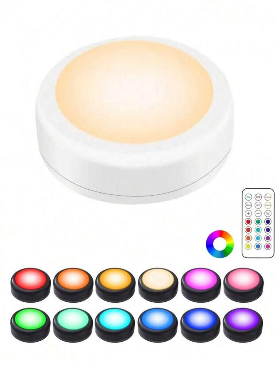 13 Color Variable LED Spotlights, Battery-Powered, Dimmable Cabinet Lower Light, Push-Light Battery-Powered Night Light, With 1 Wireless Remote Control, Suitable For Cabinet Shelves, Wardrobes, Display Boxes