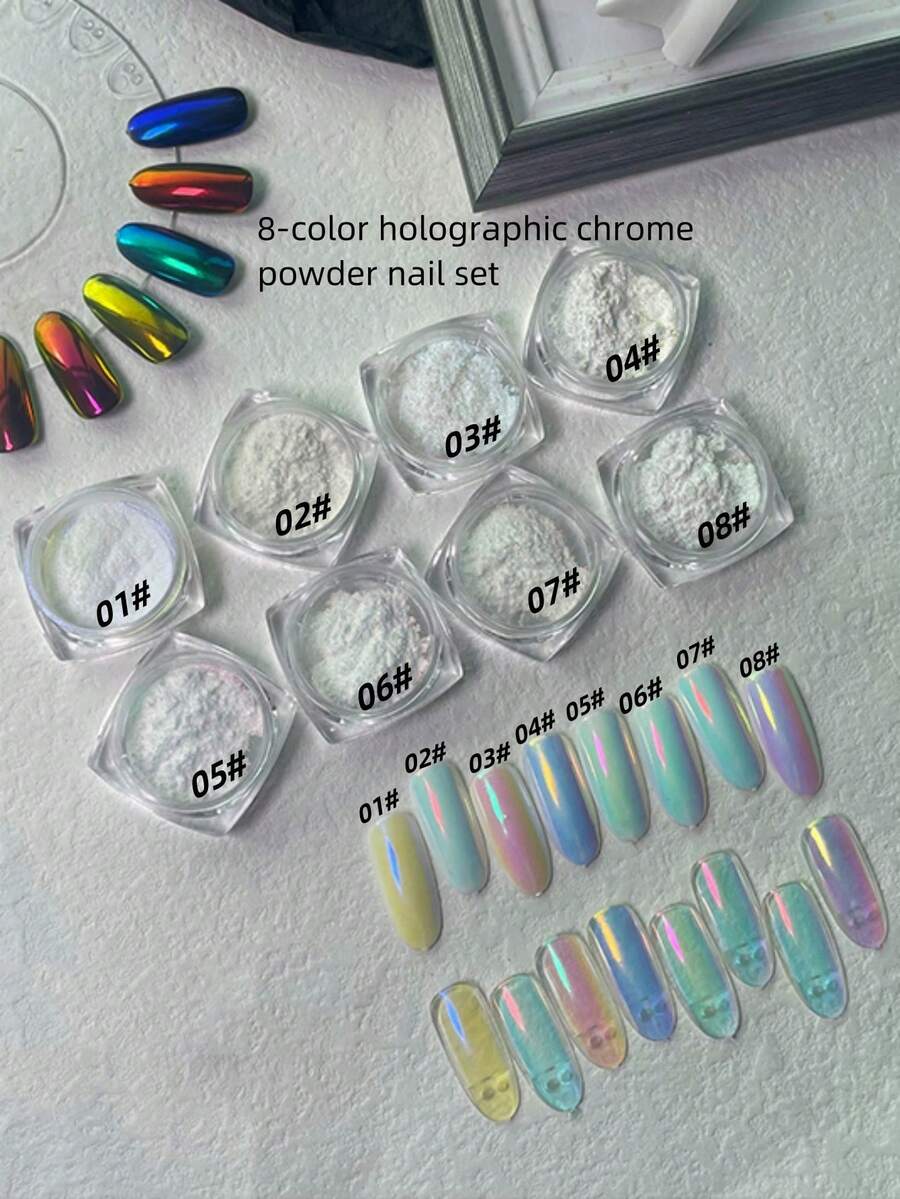 8pcs/Set Super Bright Mirror Effect Pearl Bottle Nail Powder Set | Holographic Rainbow Effect For Nail Art And DIY Decoration, Nail Art Decoration - 彩色 - 查看 1