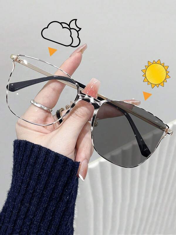 1 Pair Fashionable Casual Hollow Photochromic Metal Square Unisex Eyeglasses, Versatile Decorative Design Sunglasses Frame