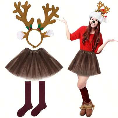 3 PiecesChristmas Deer Accessory Set Cute Brown Tulle Skirt Deer Headband And Festive Deer Costume Accessories Versatile For Holiday Dress-Up Unisex Festive Outfit Add-Ons​