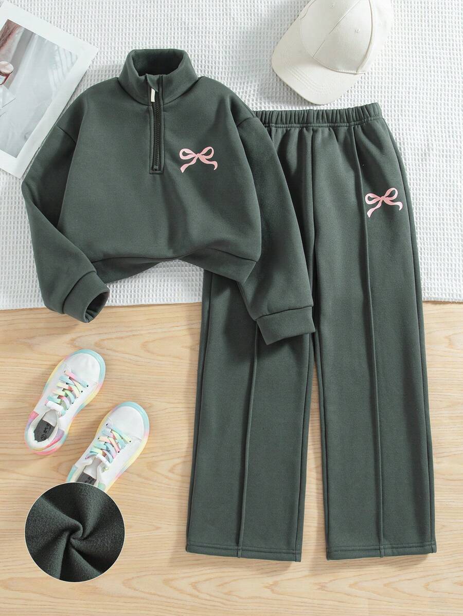 2pcs Tween Girls Casual Butterfly Print Dropped Shoulder Crew Neck Long Sleeve Sweatshirt And Pants Set, Thermal Lined Hoodie And Trousers Outfit, Autumn/Winter - Grey - View 1