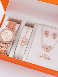 ساعة نسائية كوارتز مع سوار من الفولاذ المقاوم للصدأ مرصعة بالراين ستون، ساعة إكسسوار أنيقة، ساعة كوارتز عصرية، طقم هدية