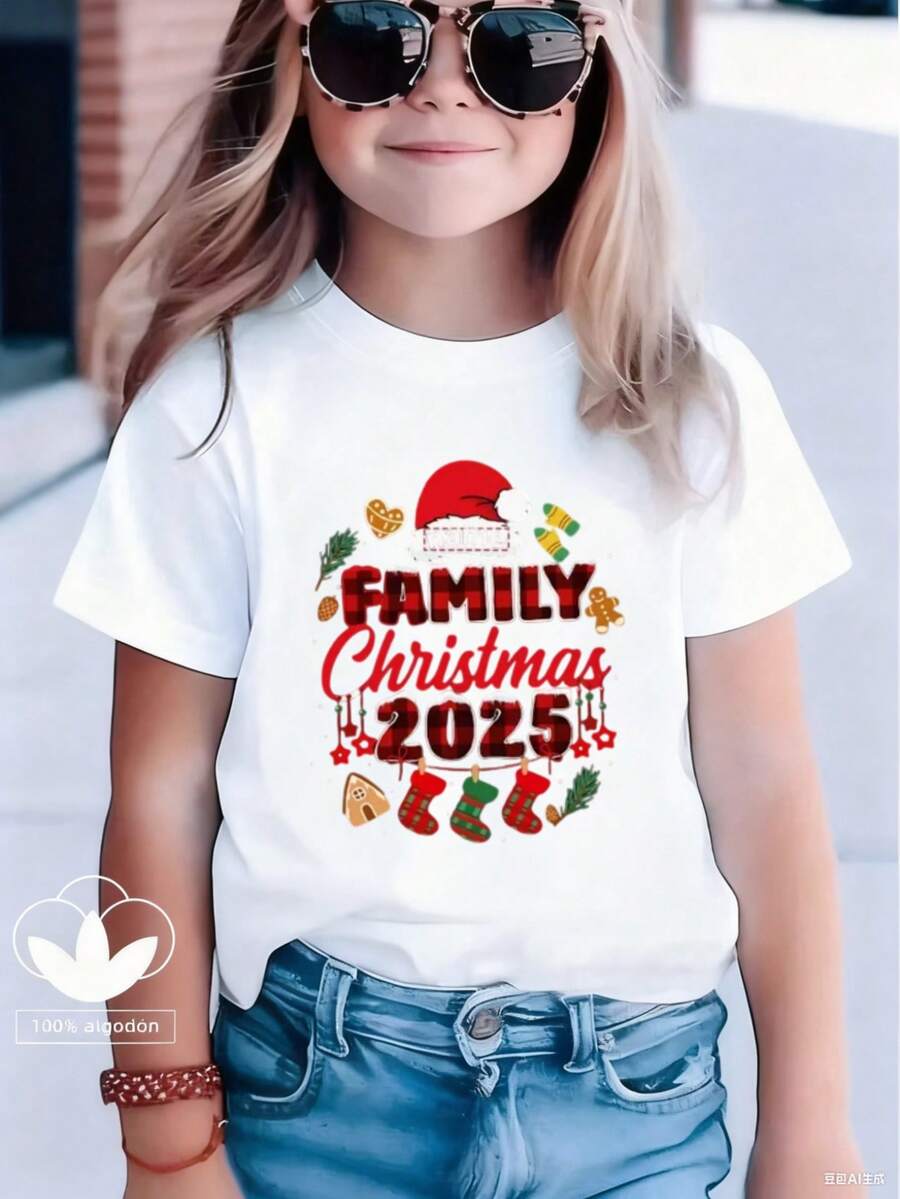Esta nueva y moderna camiseta de manga corta 100 % algodón para niña luce un estampado navideño. Esta camiseta holgada, informal y versátil está confeccionada con un tejido suave y agradable para la piel de tu bebé. Ya sea para una reunión familiar, un evento escolar o una salida para jugar al aire libre, esta camiseta permite que tu hija se mueva con libertad y comodidad. - Blanco - Ver 1