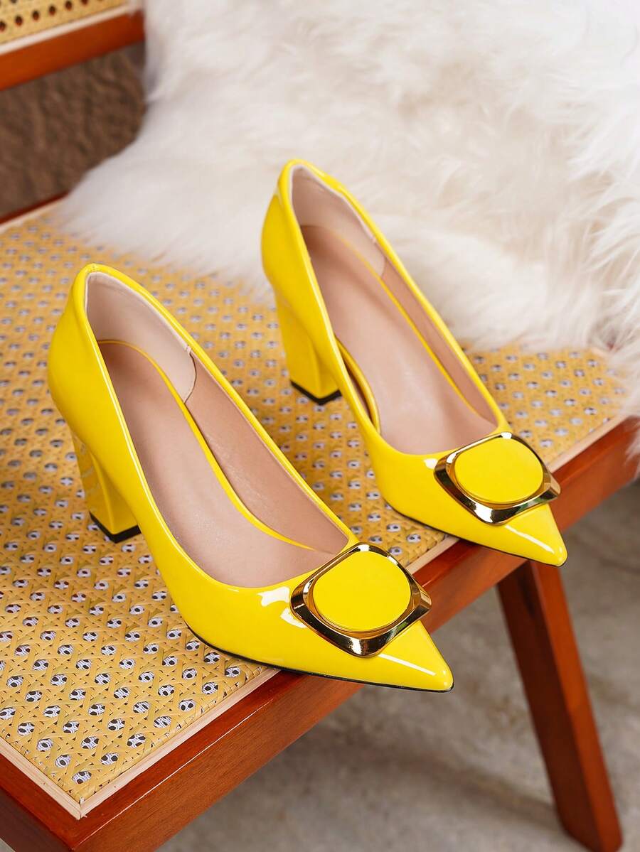 大码女式时尚绿色缀饰尖头舒适粗跟高跟鞋 - 薑色 - 查看 1