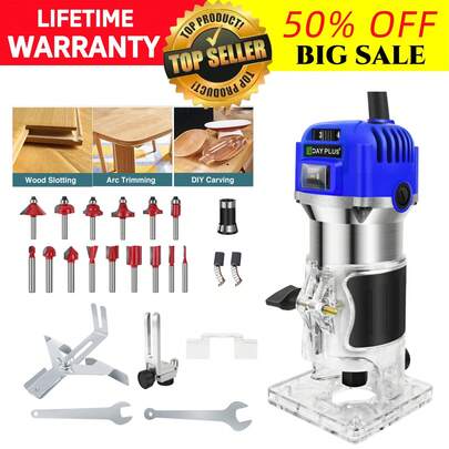 4000-30000 RPM Wood Router With 15PCS 1/4" Router Bits, Trimmer Base, Wood Trimmer Routers Woodworking, Palm Router, 6 Speed Adjustable, 15 Pcs Milling Cutters, With Guide Rails & Carbon Brushes, For DIY Woodworking Edge Trimming, Carving, Cutting - Blue