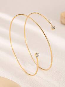 1 pieza Brazalete abierto de metal con incrustaciones de rhinestone de línea minimalista y multicapa, de moda y versátil - Amarillo Oro - Ver 5