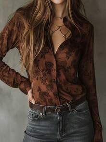 Women's Regular Length Brown Floral Print Button Front Shirt, Long Sleeve Classic Collar Spring - Mocha Brown - View 3