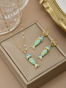 1 件时尚精致可爱多色活力鱼不锈钢珠宝项链，适合女性日常佩戴，海洋主题系列，沙滩配饰，女士沙滩珠宝 - 金黃色 - 查看 6