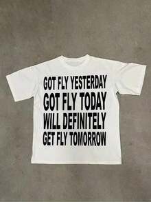 2026    Men's Summer Round Neck Short Sleeved Casual Pure Cotton Print   GOT FLY YESTERDAYGOT FLY TODAY WLL DEFINITELY GET FLY TOMORROWCasual Daily Wear - 白色 - 查看 4