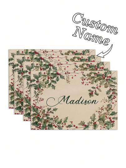 1 Stück individuelle Leinen Tischset mit Weihnachtsholzblättern, die rote Beeren umgeben, beiger Hintergrund, elegantes Namen-Stickerei, perfekt für Weihnachten, Neujahr, Familienfeiern, Festessen, Winterliche Tischdekorationen