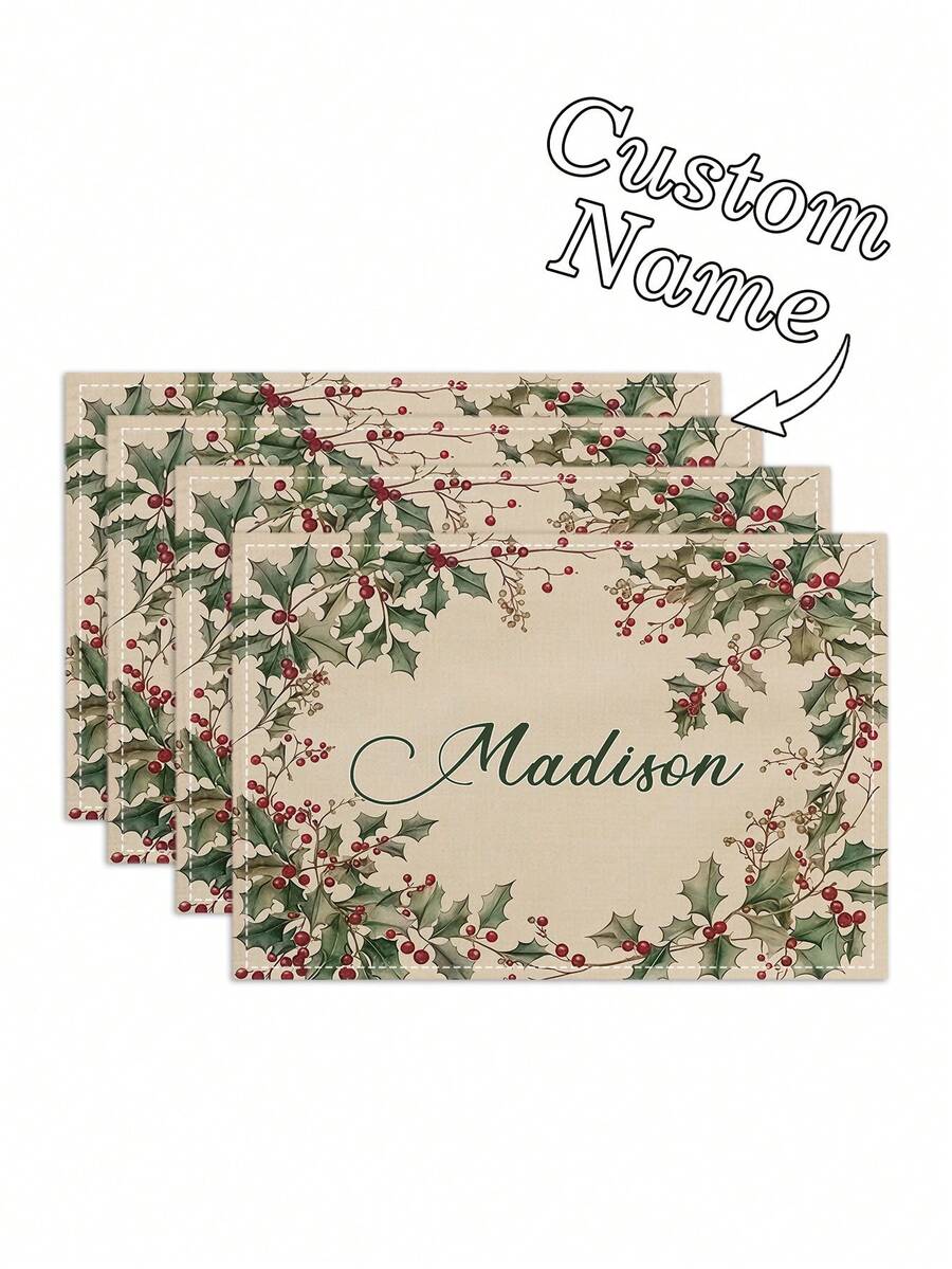 1 PC Custom Linen Photo Placemat Christmas Holly Leaves Encircling Red Berries Beige Background Pattern Elegant Name Embroidery Perfect For Christmas, New Year, Family Gatherings, Holiday Dinners, Winter Table Settings