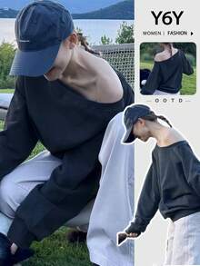 Y6Y Áo sweatshirt nữ kiểu dáng bất đối xứng vai, hàng mới về mùa thu 2025, áo chui đầu màu xám thời trang hở vai, thích hợp cho mùa xuân. - Xám - Xem 7
