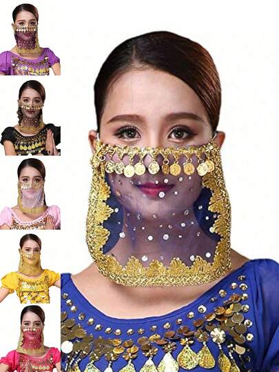 Women's Middle Eastern Belly Dance Face Veil - Gold Coin Tassel Sequin Mesh Face Cover For Performance & Costume Accessory