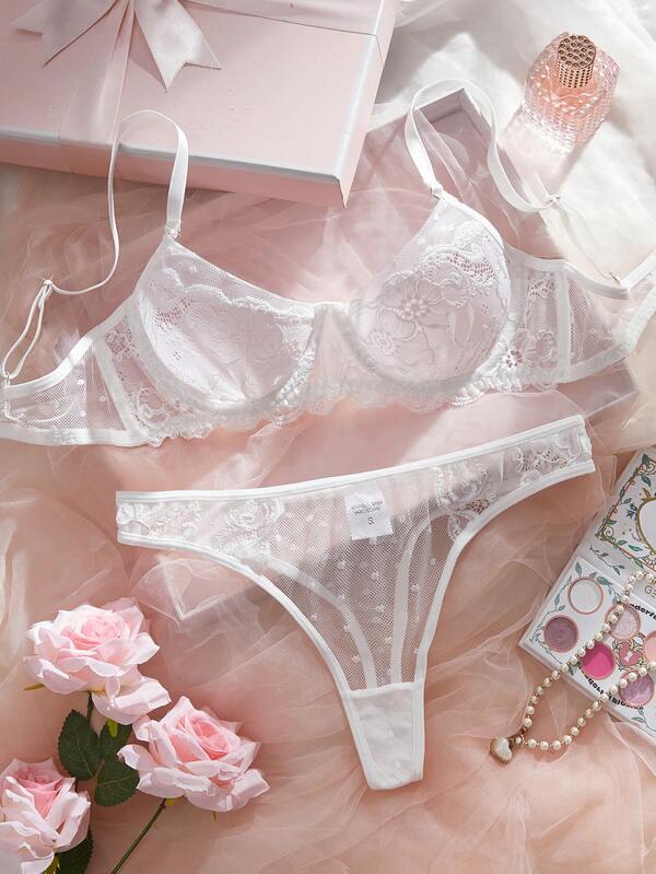 Women's Sexy Lingerie Set, Polka Dot Mesh Semi-Sheer Elegant Design