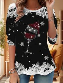 Fashionable Casual Vacation Style Elegant Women's Versatile Slim Fit Outdoor, Home, Travel, Work Preferred Women's Autumn/Winter Round Neck Christmas Versatile Home Wine Glass Print Casual Long Sleeve T-Shirt Top