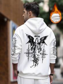 Men's Autumn/Winter Hoodie, Fashionable Street Style Art Punk Goth Punk Street Wear Angel & Thorn Barbed Wire Graphic Print Fleece Pullover Sweatshirt, Long Sleeve Top - White - View 2