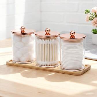 带托盘的清洁棉签收纳盒，透明亚克力材质，适用于梳妆台收纳、浴室收纳、桌面收纳等。