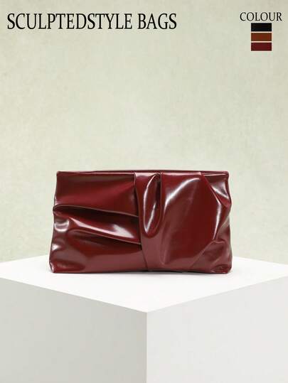 1pc Crinkled Oil Wax Leather Brown Clutch Bag, Niche Design, Pleated Texture, Glossy Oil Skin, Minimalist Luxury, Suitable For Party, Evening Gown