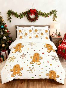 3pcs Christmas Cute Gingerbread People Pattern Print Duvet Cover Set (1*Duvet Cover + 2*Pillowcase, Without Core), Lighting Up The Colorful Atmosphere Of The Festival, Snowflakes And Colorful Dots Dance Together, Creating A Sweet Atmosphere, Christmas Theme, Winter Christmas, Soothing Visual Fatigue, Suitable For All Seasons, Suitable For Hotel, Bedroom, Guest Room And Dormitory Decoration Bedding