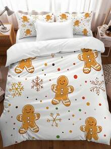 3pcs Christmas Cute Gingerbread People Pattern Print Duvet Cover Set (1*Duvet Cover + 2*Pillowcase, Without Core), Lighting Up The Colorful Atmosphere Of The Festival, Snowflakes And Colorful Dots Dance Together, Creating A Sweet Atmosphere, Christmas Theme, Winter Christmas, Soothing Visual Fatigue, Suitable For All Seasons, Suitable For Hotel, Bedroom, Guest Room And Dormitory Decoration Bedding