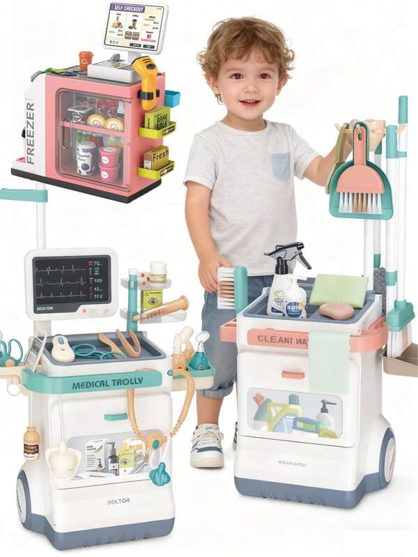 Ensemble de maison de jeu pour enfants, ensemble de chariot de nettoyage et de nettoyage, ensemble de travaux ménagers simulés, ensemble de chariot médical de jeu de médecin, table de jouet de médecin mobile, jeu de rôle de médecin infirmier, divers jouets d'équipement médical avec stéthoscope et thermomètre, jouets de caisse enregistreuse de supermarché, cadeaux d'anniversaire, cadeaux de Thanksgiving et de Noël