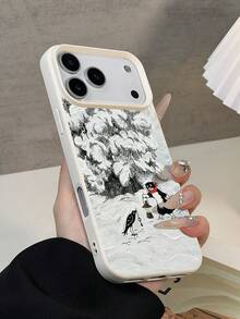 1 pièce Étui de téléphone doux et texturé, résistant à l'eau, aux chutes et antidérapant, avec illustration d'une maison enneigée et d'un chat floconneux, compatible avec les téléphones Apple, version internationale, pas la version domestique - Multicolore - Voir 5