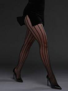 1pc Women's High Stretch Fishnet Leggings, Plaid Grid Design, Gothic Vintage Fashion Sexy Black Stockings, Versatile Tights Suitable For All Seasons - Black - View 2