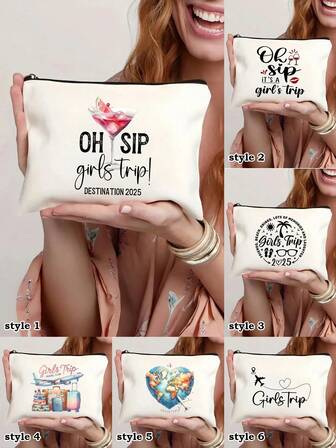 "Girls Trip" Print Makeup Bag For Women, White Cosmetic Bag, Beauty Bag, Purse, Beach Bag, Toiletry Bag, Pencil Case, Small Travel Bag With Secure Zipper, Durable Polyester - Ideal Christmas Gifts, Personalised Gifts, Happy New Year Gifts, Valentine's Day Gift, Thanks Gifts For Best Friends & Cruise Essentials Travel Essentials
